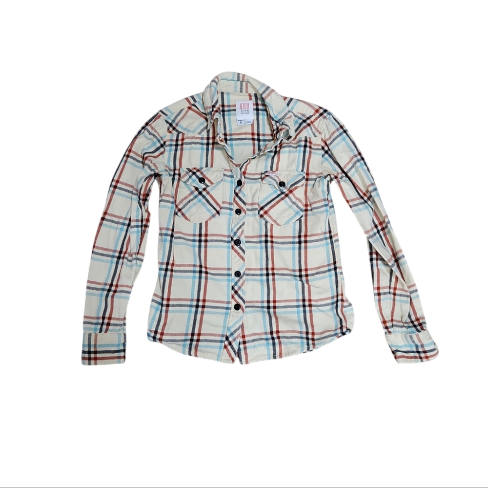 Topo Designs Womens yellow cream Mountain plaid shirt button up size S outdoor